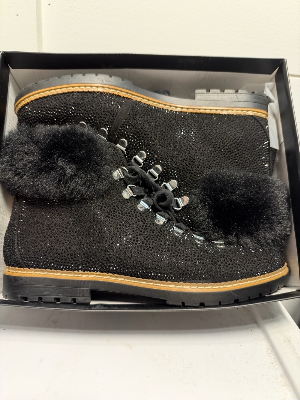 INC International Concepts Black Crystal Embellished Faux Fur Ankle Boots NIB